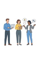Obraz premium Three professionals collaborating on ideas one with a laptop another with a clipboard and the third with thought bubbles