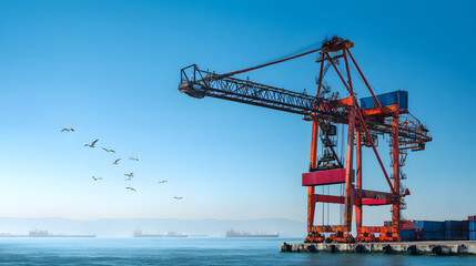 Obraz premium Large industrial crane at a busy seaport with clear blue sky