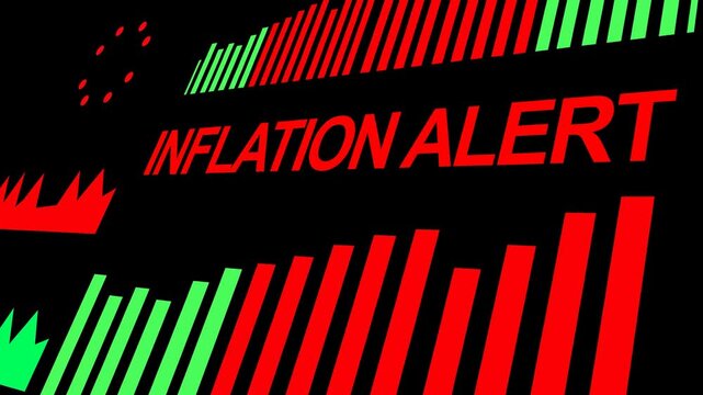 Animated financial dashboard showing rising inflation rates and CPI data with alert indicators. The video presents increasing cost of living metrics, including categories such as energy, food, and hou