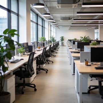 Modern open office workspace with desks computers and indoor plants, clean corporate environment with natural light and minimal design for productivity and teamwork