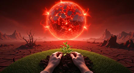 Keuken achterwand Bordeaux Growing hope with a small plant in a barren climate change landscape  © wiplens