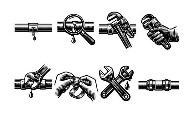 Vintage plumbing tools and repair elements vector silhouette set of 8 illustrations