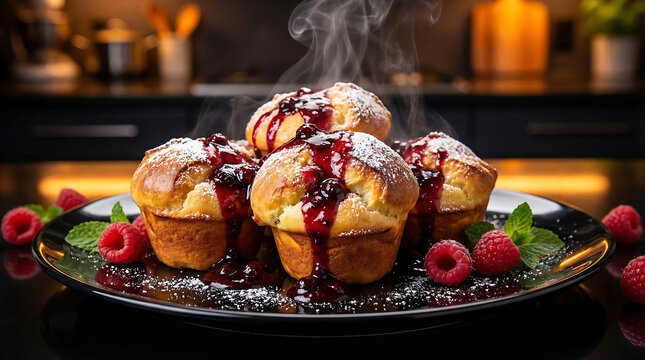Steaming Raspberry Popovers Drizzled with Sweet Sauce and Dusted with Powdered Sugar