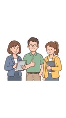 Fototapeta premium A diverse team of professionals two women and one man stand together in an illust n holding technology and notebooks with the man giving a thumbs up