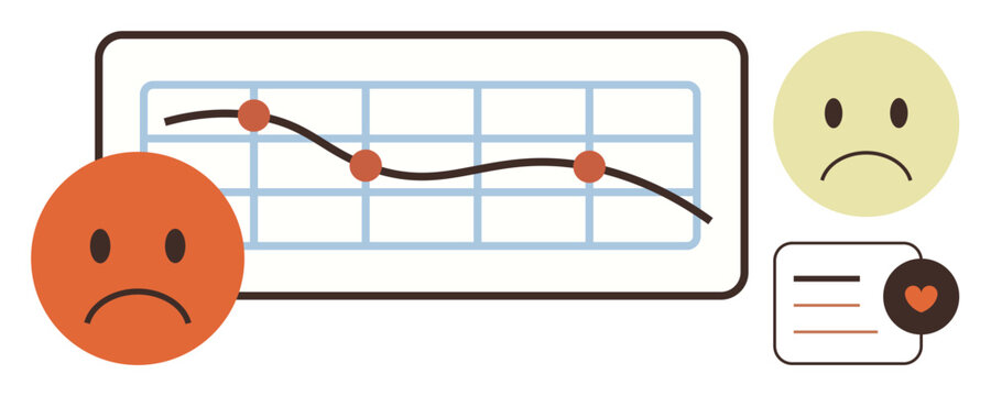 Business performance, user feedback, data analysis, customer sentiment, negative impact, emotional response. Graph showing a downward trend with sad face icons. Business performance and customer