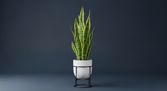 Elegant Snake Plant in White Pot on Black Stand Against Dark Background.