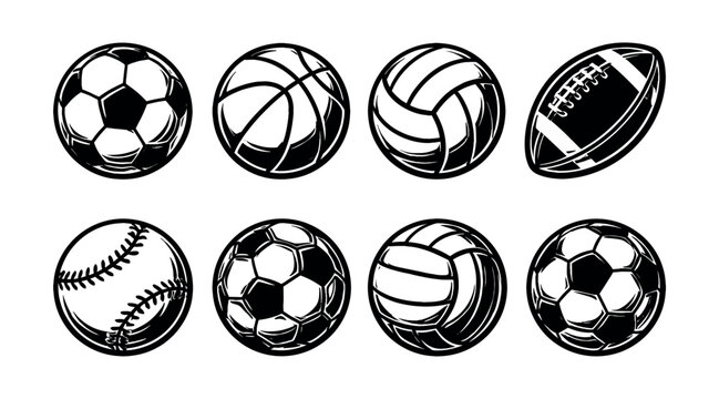 Black and white vector set of sports balls silhouette illustrations
