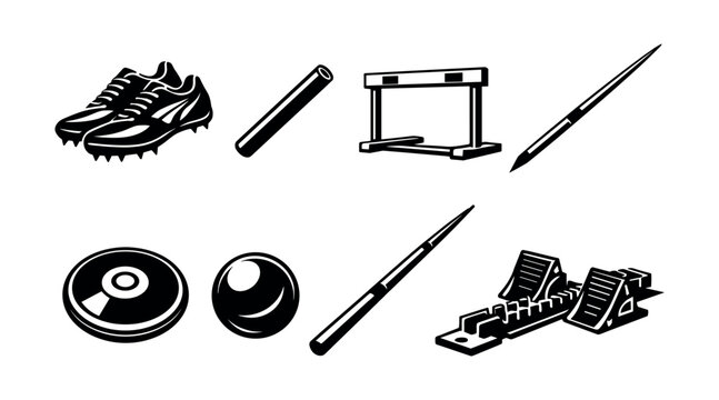 Black and white athletic equipment set including shoes, hurdle, baton, and discus
