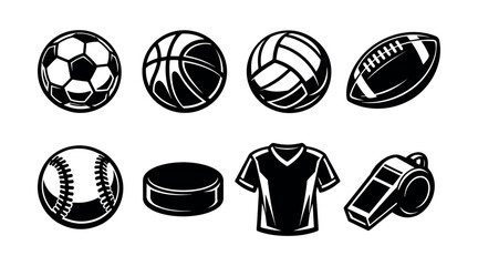 Fototapeta premium Vector silhouette set of sports equipment balls and gear illustration