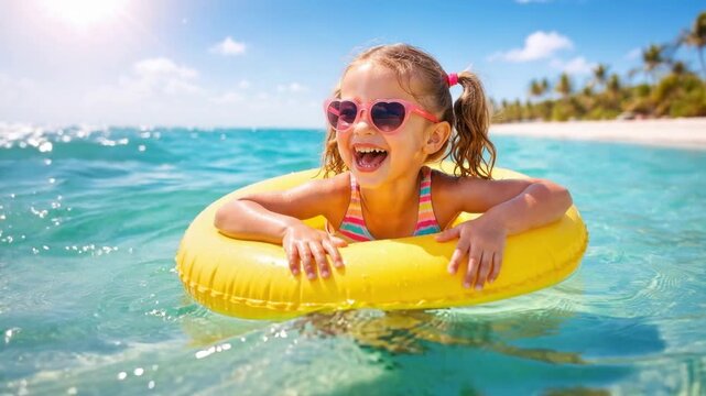 Cheerful child girl wearing heart shaped sunglasses swims in turquoise sea on inflatable ring near tropical beach, expressing joy, freedom and summer holiday fun