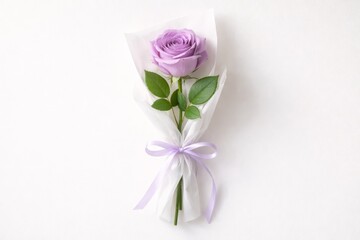 Fototapeta premium Elegant Flower Wrapped With Ribbon. Solitary Lavender Rose Elegantly Embowed With Soft Lighting Effect