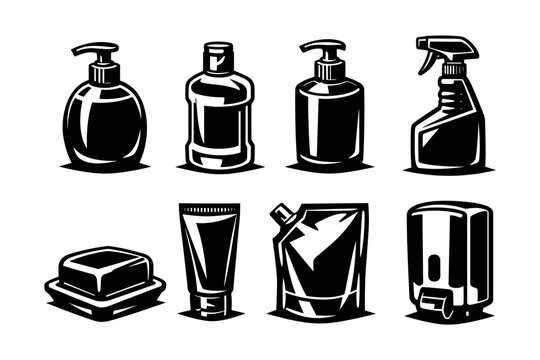 Black and white vector set of soap and cleaning product illustrations