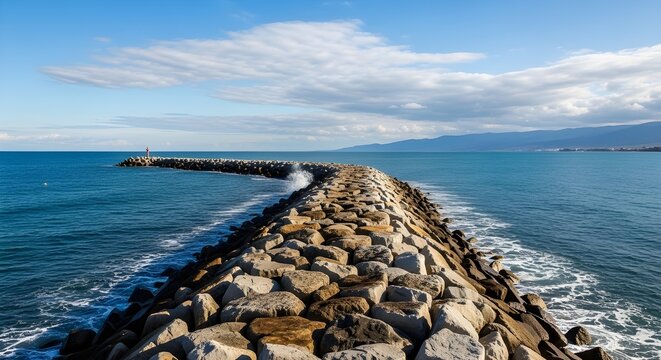 Rocky breakwater extending into calm blue waters under partly cloudy sky