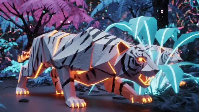 Low Poly Neon Tiger in Futuristic Alien Jungle