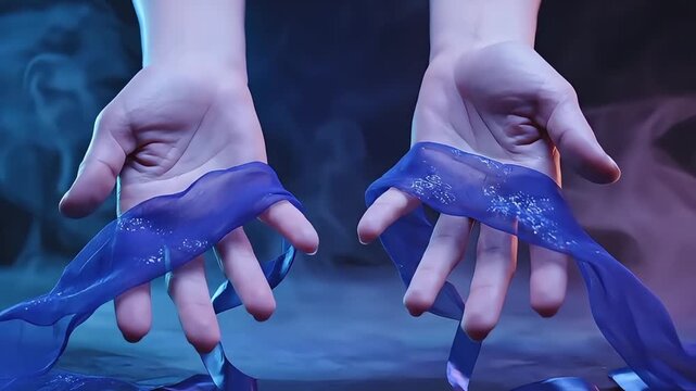 Blue ribbons entwined around hands dancing.