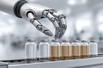 Obraz premium A robotic arm handling vials on a conveyor belt in a pharmaceutical manufacturing facility, ensuring product quality and efficiency in automated medicine production.