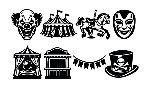 Vintage circus themed black and white vector set with masks and carousel horse