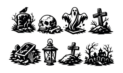 Fototapeta premium Halloween vector set with graveyard elements and ghostly figures in black and white silhouette