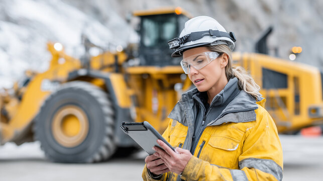 Industrial Machine Operator Reviewing Telematics on Rugged Tablet in Autonomous Mining Operation


