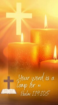 your word is a lamp for my feet; Psalm 119:105 biblical quote over astonishing abstract, warm full of sunlight and hope animation with glowing catholic cross 