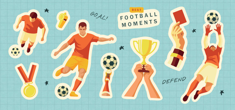 Set of football stickers with soccer player, goalkeeper, ball, trophy, medal and referee elements in modern flat style for sport design, tournament promotion and game illustration, vector clipart
