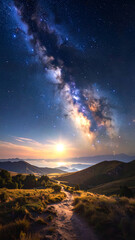 Fototapeta premium Milky Way galaxy night sky over mountain landscape, glowing stars, scenic path, serene atmosphere, cosmic wonder, tranquil beauty