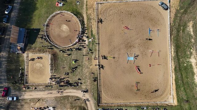 Beocin, Serbia - March 15, 2026: Riding school for children filmed from a drone. 4K stock video