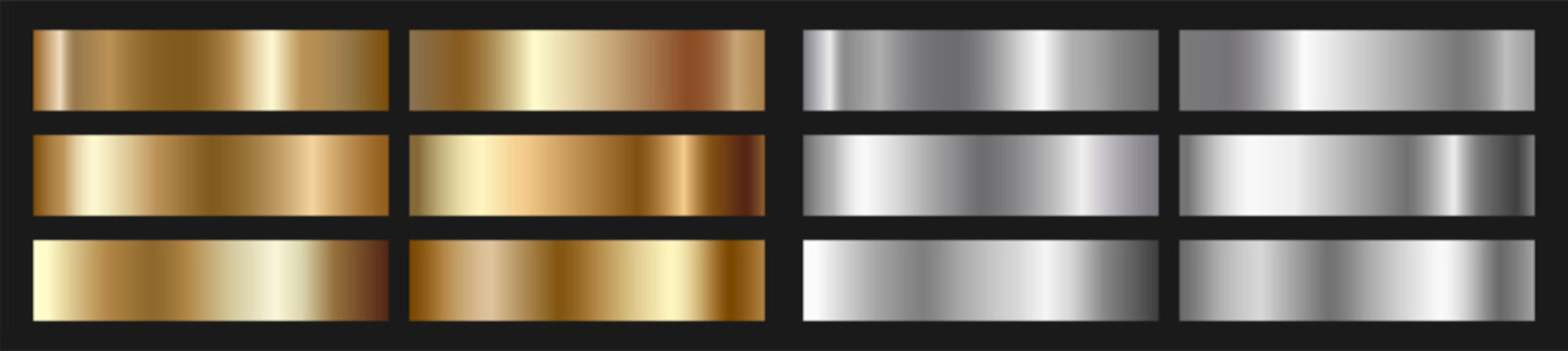 Metallic gold and silver foil gradients set featuring glossy sheen samples, abstract modern vector backgrounds and stylish layout elements