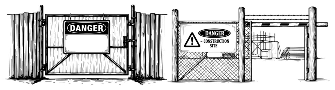 Security gates and perimeter fences with danger signs for a construction site in vintage woodcut style