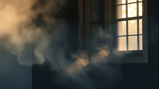 White smoke gently emerging from door and window cracks in morning light. real-estate listings, architecture portfolios, designed for interior renovation comparisons for interiors.
