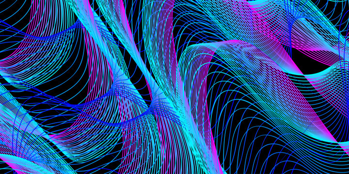 An artistic 3d fractal wallpaper features a futuristic motion design of colorful geometric lines and waves spiraling into a vibrant swirl over a dark black backdrop