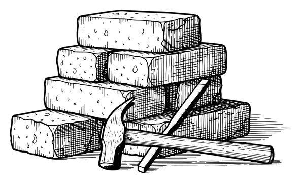 Stack of building bricks with a masonry hammer in classic woodcut engraving style