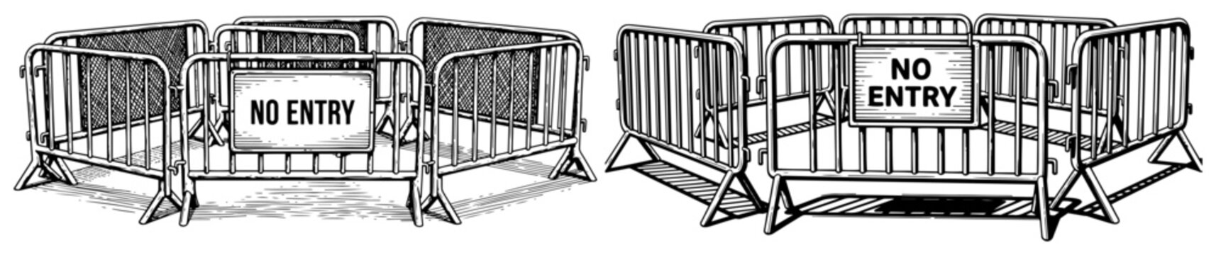 Metal perimeter security barriers with no entry warning signs in vintage woodcut style