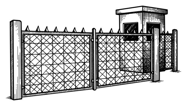 Vintage hand drawn engraving of a security fence with a gate and a guard booth checkpoint structure