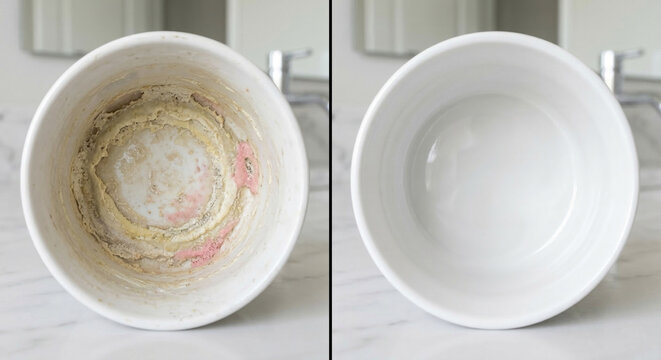 Before and after of a dirty ceramic bowl cleaned to spotless.