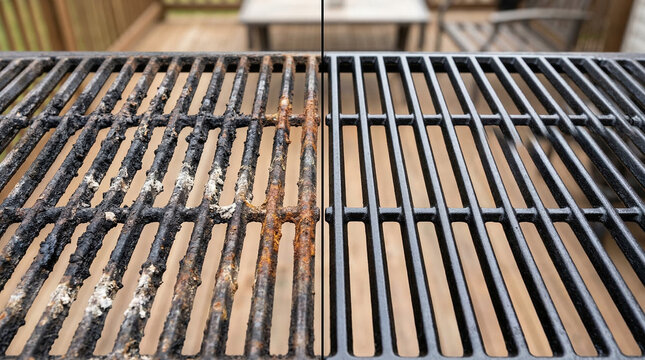 Dirty and clean BBQ grill grates showing before and after.