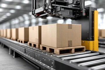 Obraz premium A line of cardboard boxes on pallets moving along a conveyor belt in a factory, showcasing automation and streamlined logistics within an industrial setting, with modern machinery.
