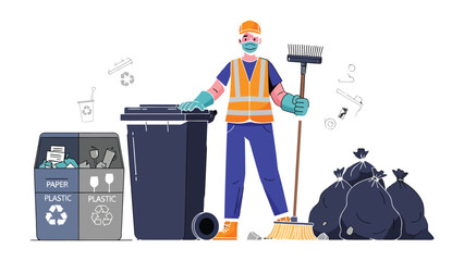 Waste Management Worker: A dedicated sanitation worker stands ready to tackle waste management, ensuring a clean and organized environment with recycling and cleanliness. © Murshida