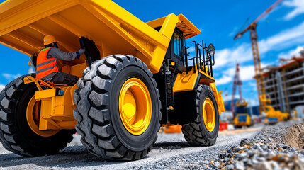 Obraz premium Very low angle shot from behind of construction worker on industrial vehicle speeding into data center site, close wide angle framing rear wheel, massive facility rising in background, sunny morning