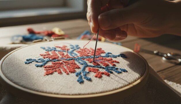 Hand embroidering a red cross stitch pattern on fabric