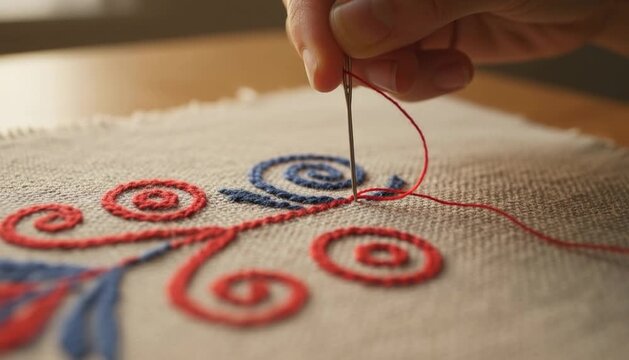 Hand embroidering a red cross stitch pattern on fabric