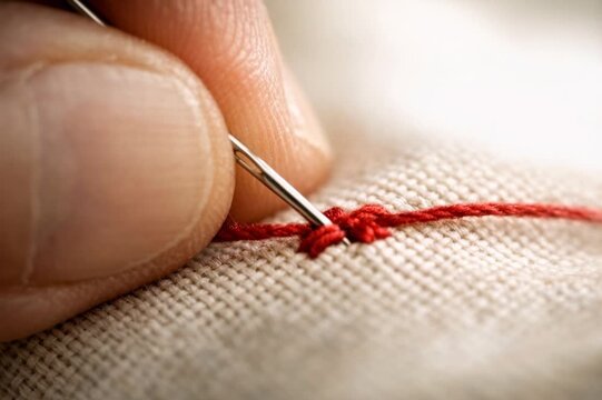 Hand embroidering a red cross stitch pattern on fabric