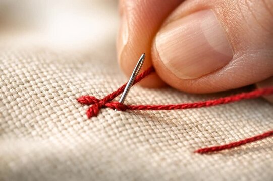 Hand embroidering a red cross stitch pattern on fabric