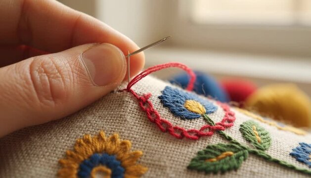 Hand embroidering a red cross stitch pattern on fabric