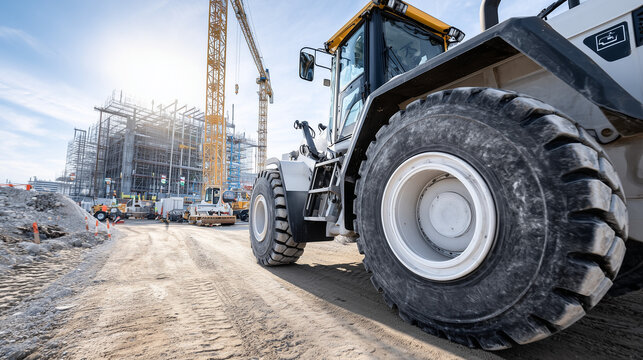Very low angle shot from behind of construction worker on industrial vehicle speeding into data center site, close wide angle framing rear wheel, massive facility rising in background, sunny morning

