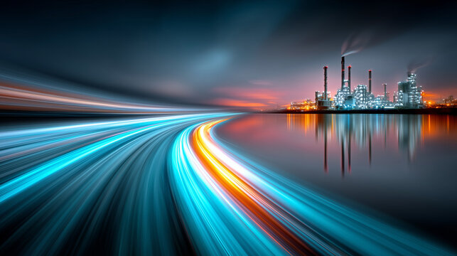 Light trail across industrial landscape representing supply chain data flow, speed and motion blur, blue digital sky, curved data stream lines, glowing information trails, industrial silhouettes