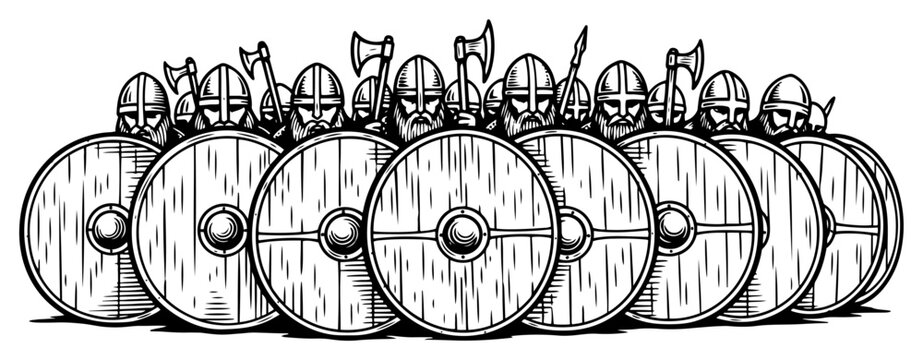 Vintage engraving of a viking army standing in a defensive shield wall formation