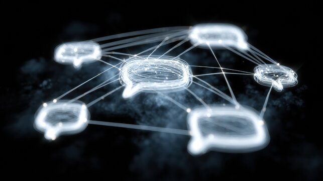 Lines connect several speech bubbles, reflecting a network of social communication among people sharing thoughts and discussions at any time.