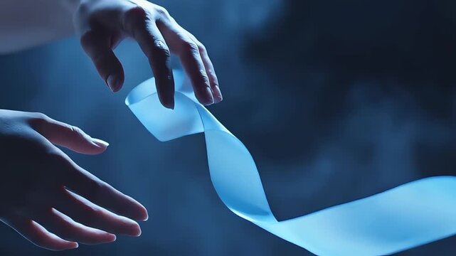 Hands holding glowing blue ribbon.