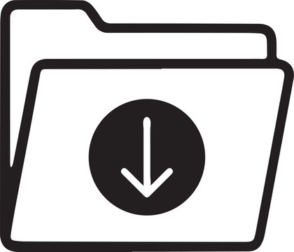 A black and white silhouette icon of a file folder with a download symbol